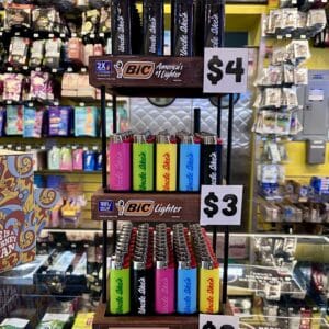 Alternative view of Bic Display, 3-tier wooden display, with lighters.